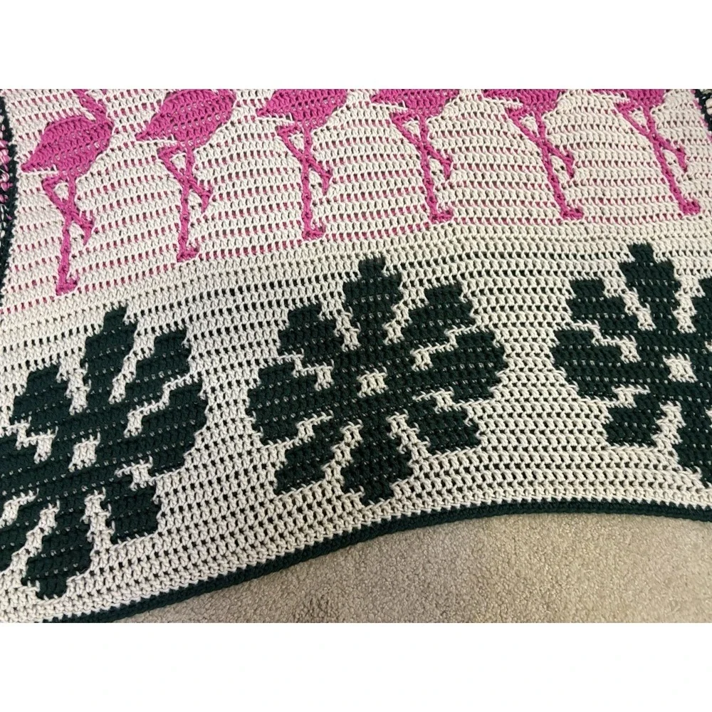 handmade crochet afghan blanket W/flamingo & monstera leaf border